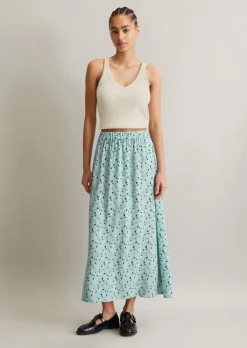 Ausgestellter Midirock aus bedrucktem Viskose-Crêpe