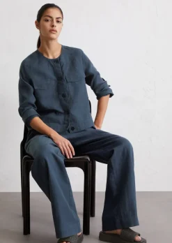 Kragenlose Leinejacke regular mit aufgesetzten Taschen