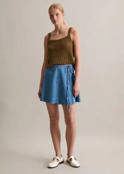 Kurzer Jeans-Wickelrock flared mit recyeltem Leinen-Garn