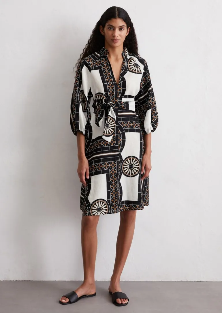 Leinenkleid flared mit Print-Muster