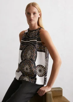 Leinen-Top flared mit Allover-Print