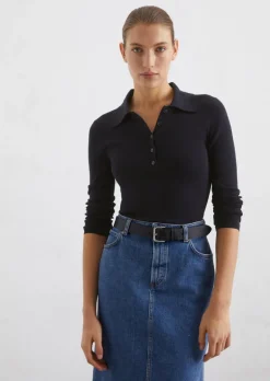 Polo-Pullover slim in feinem Rippenstrick