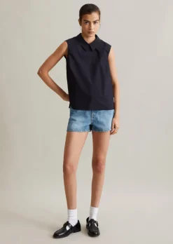 Ärmellose Popeline-Bluse regular mit Falten-Detail im Rücken