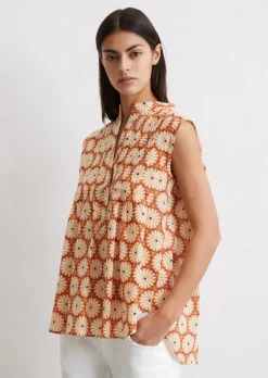 Ärmellose Print-Bluse flared aus leichtem Baumwoll-Voile