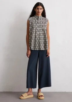 Ärmellose Print-Bluse flared aus leichtem Baumwoll-Voile