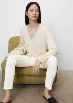 V-Neck-Feinstrick-Pullover aus Organic Cotton-Viskose-Leinen-Mix